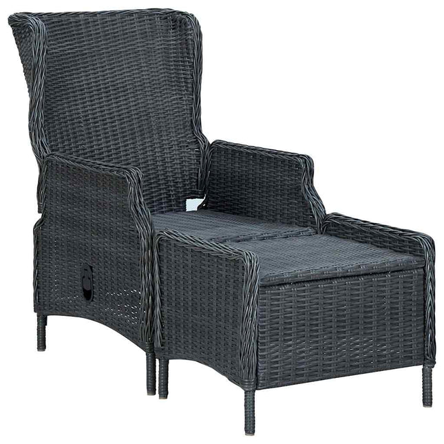 havestol med lænefunktion og fodskammel polyrattan mørkegrå