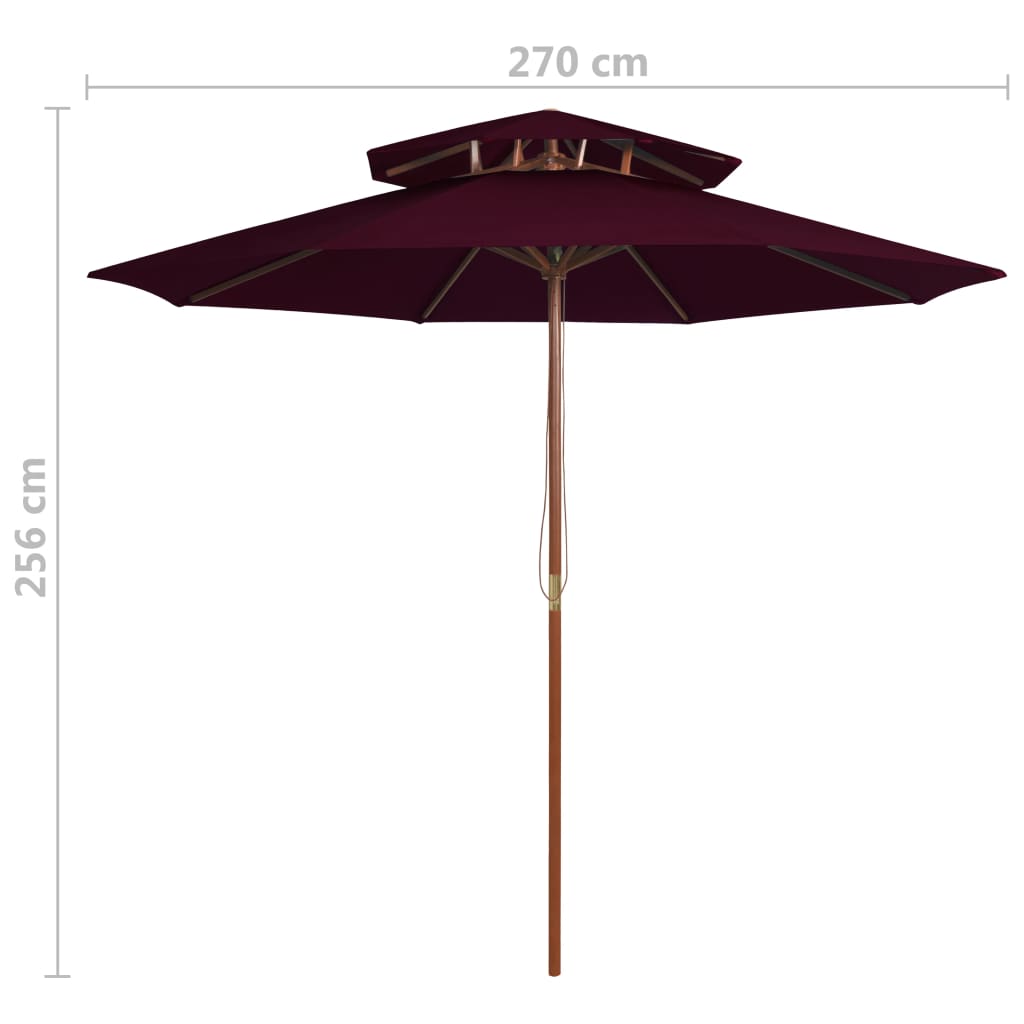dobbelt parasol 270 cm træstang bordeauxfarvet