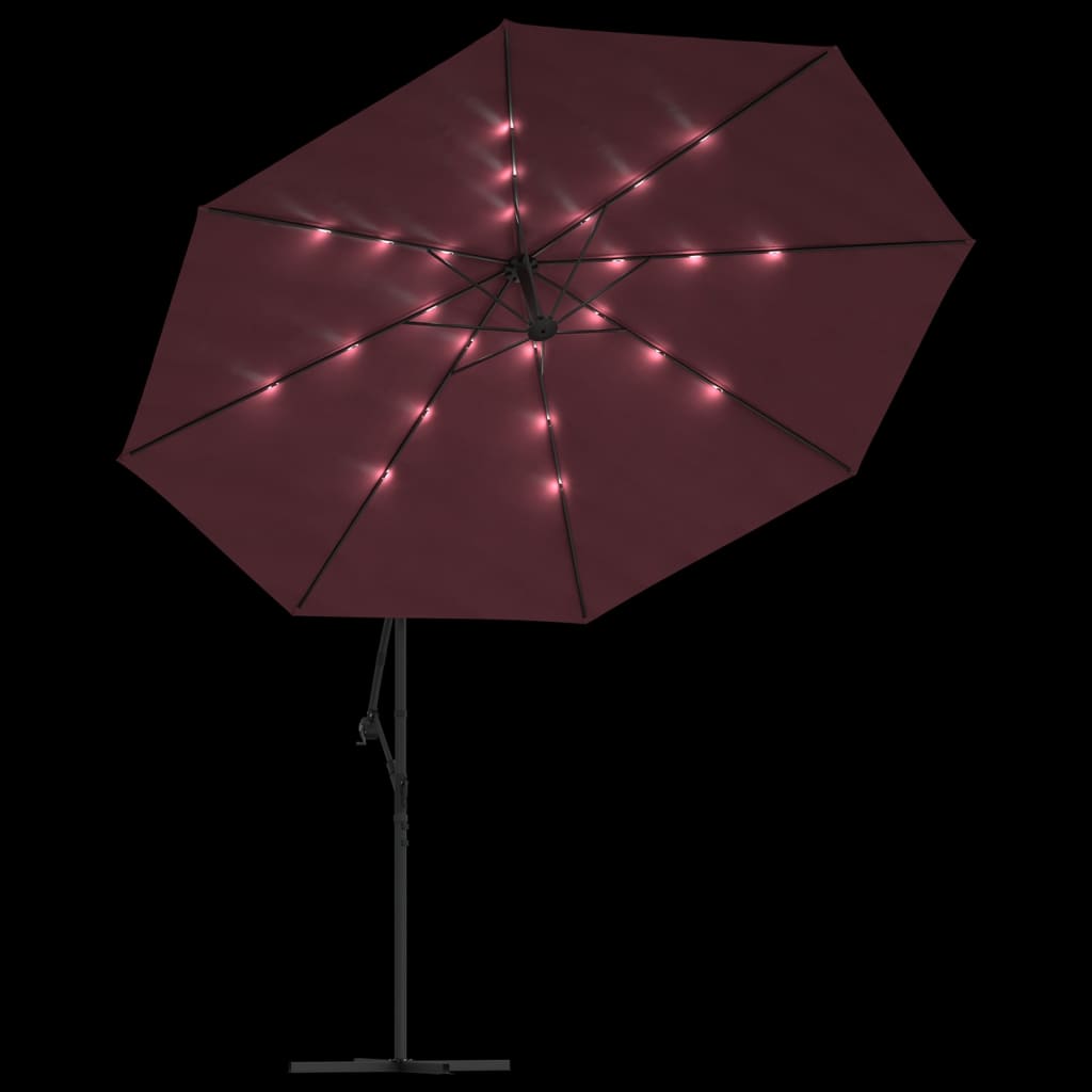 hængeparasol m. LED-lys 350 cm bordeauxrød
