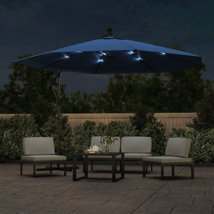 hængeparasol m. LED-lys 350 cm azurblå