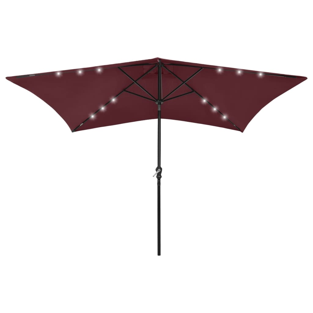 parasol med LED-lys og stålstang 2x3 m bordeauxrød