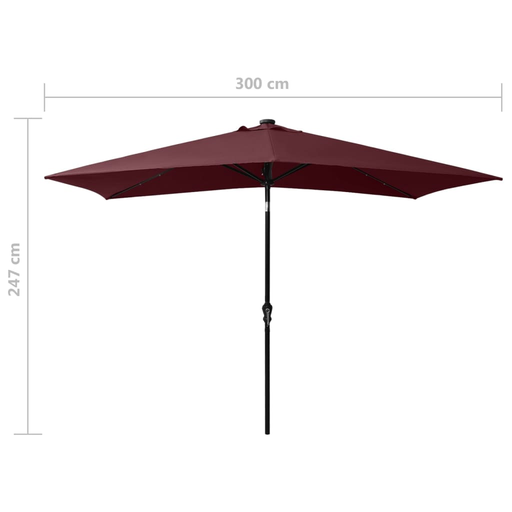 parasol med LED-lys og stålstang 2x3 m bordeauxrød