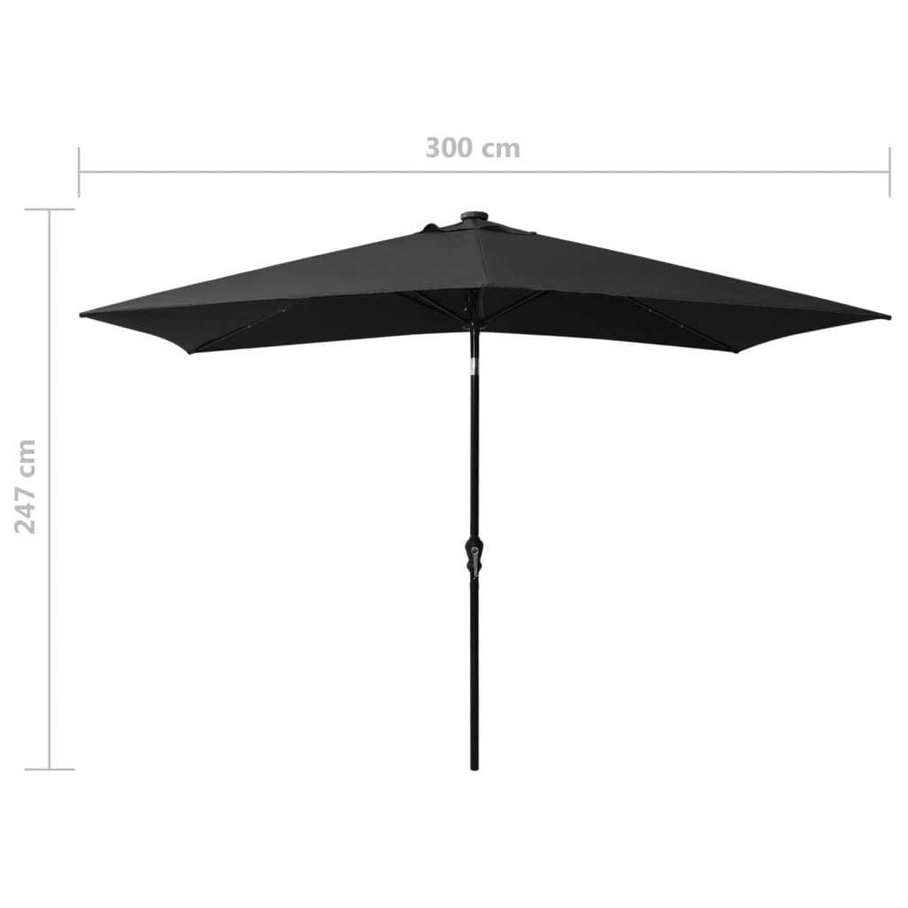 parasol med LED-lys og stålstang 2x3 m sort