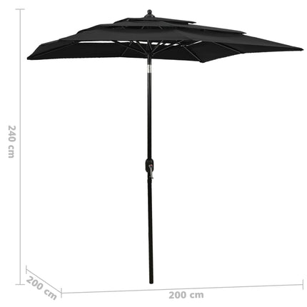 parasol 2x2 m aluminiumsstang 3 niveauer sort