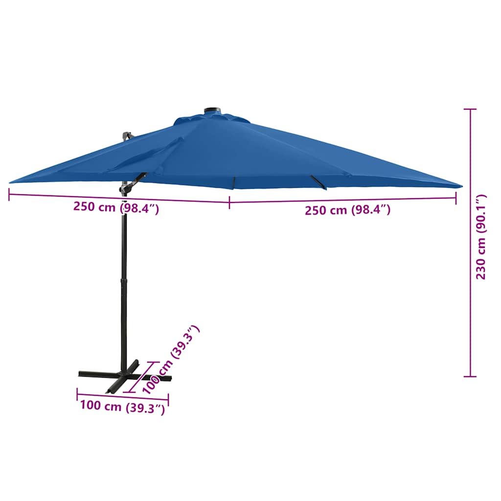 hængeparasol med stang og LED-lys 250 cm azurblå