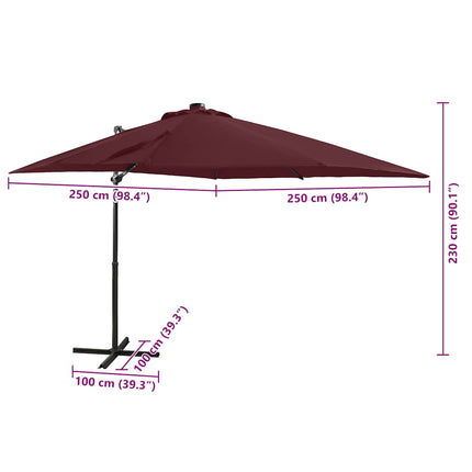 hængeparasol med stang og LED-lys 250 cm bordeauxrød