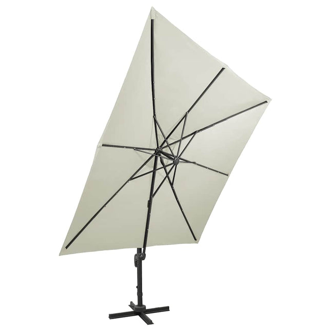hængeparasol med stang og LED-lys 300 cm sandfarvet