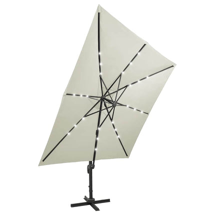 hængeparasol med stang og LED-lys 300 cm sandfarvet
