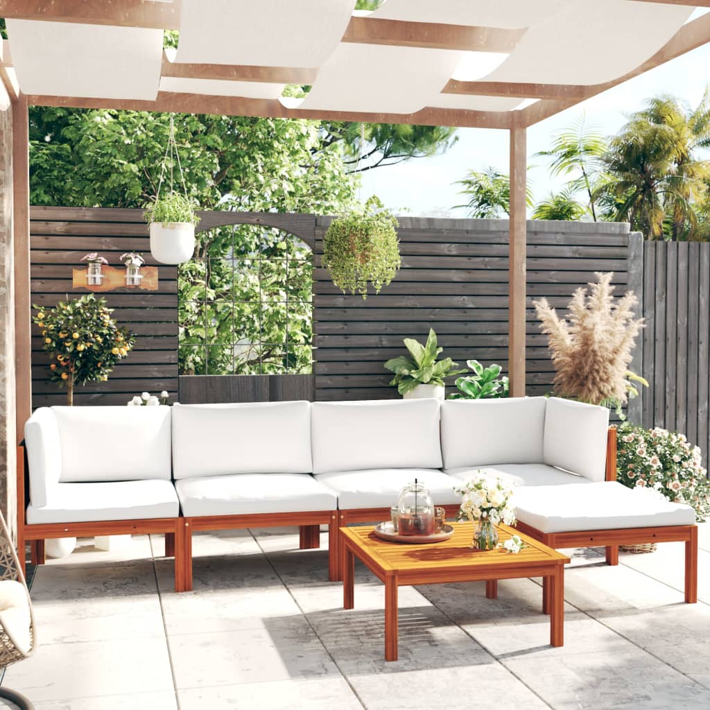 6-delt havemøbelsæt i akacietræ med rebryglæn og cremefarvede hynder