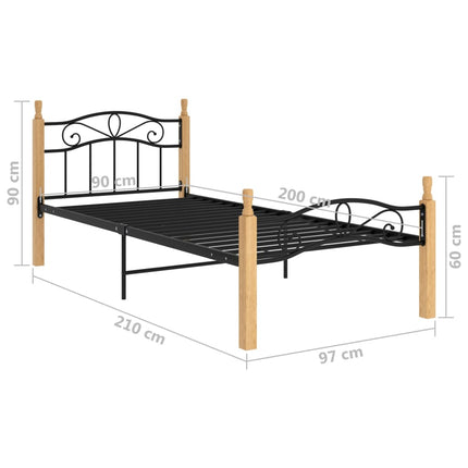 sengeramme 90x200 cm metal og massivt egetræ sort