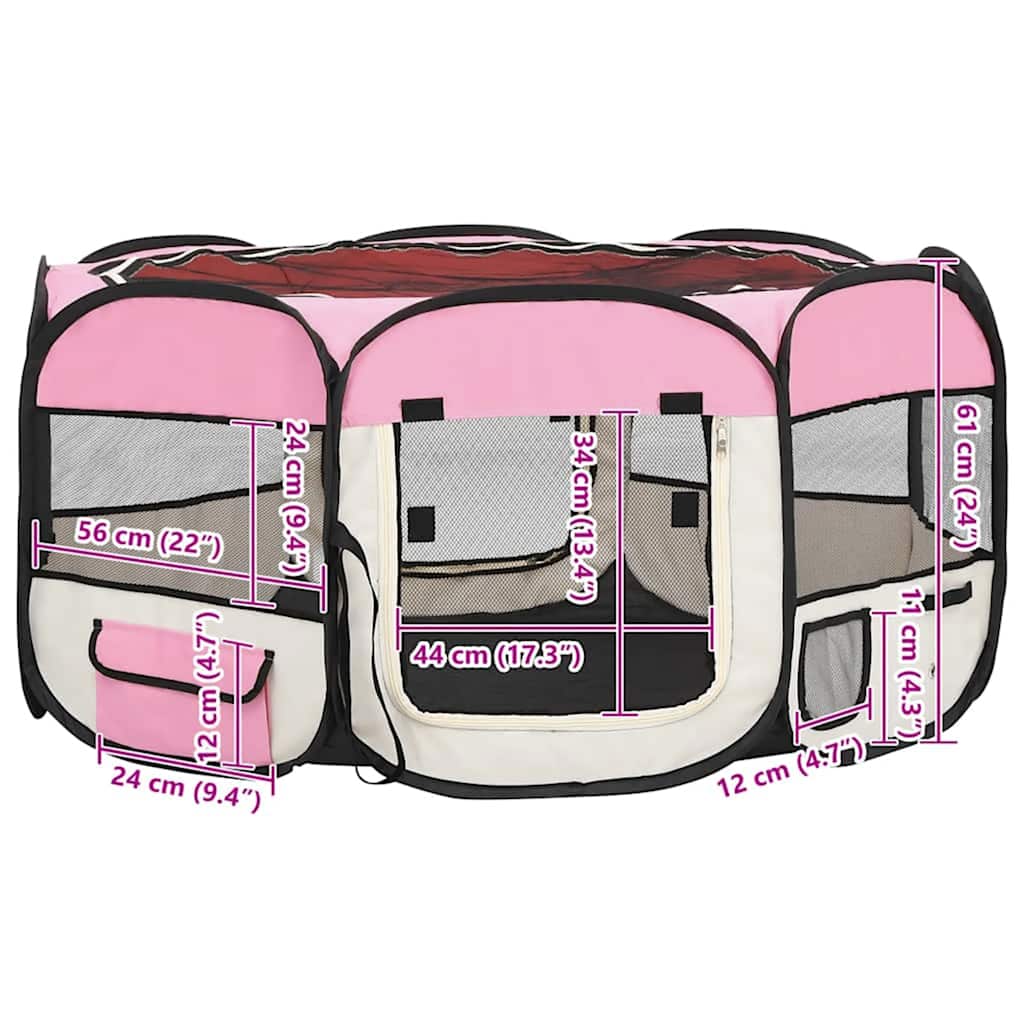 foldbar hundegård med bæretaske 145x145x61 cm lyserød