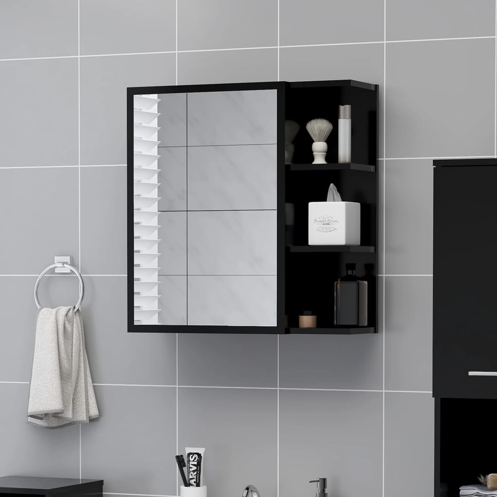Badeværelsesskab med spejl - 62,5 × 20,5 × 64 cm, sort konstrueret træ