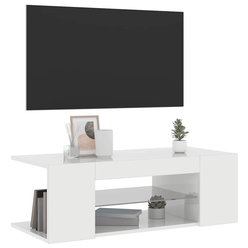 tv-skab med LED-lys 90x39x30 cm hvid højglans