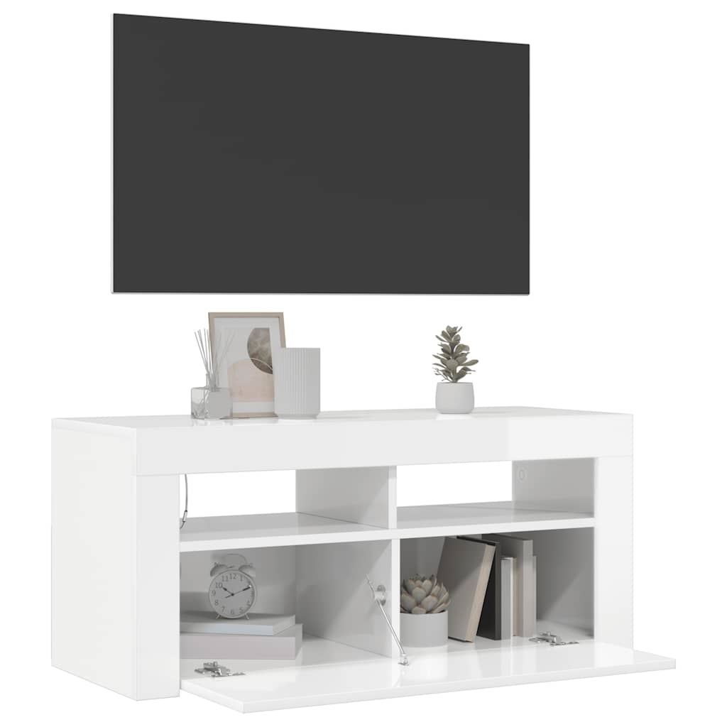 tv-skab med LED-lys 90x35x40 cm hvid højglans