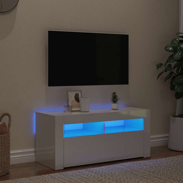 tv-skab med LED-lys 90x35x40 cm hvid højglans