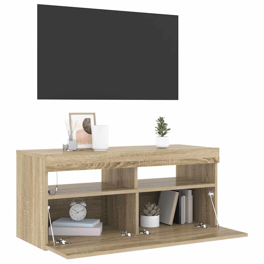 tv-bord med LED-lys 90x35x40 cm sonoma-eg
