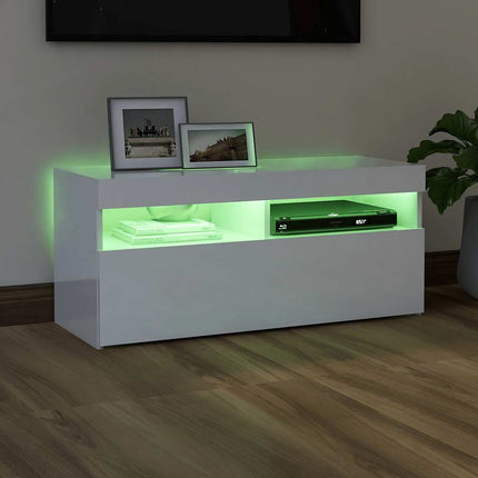 tv-skab med LED-lys 90x35x40 cm hvid højglans