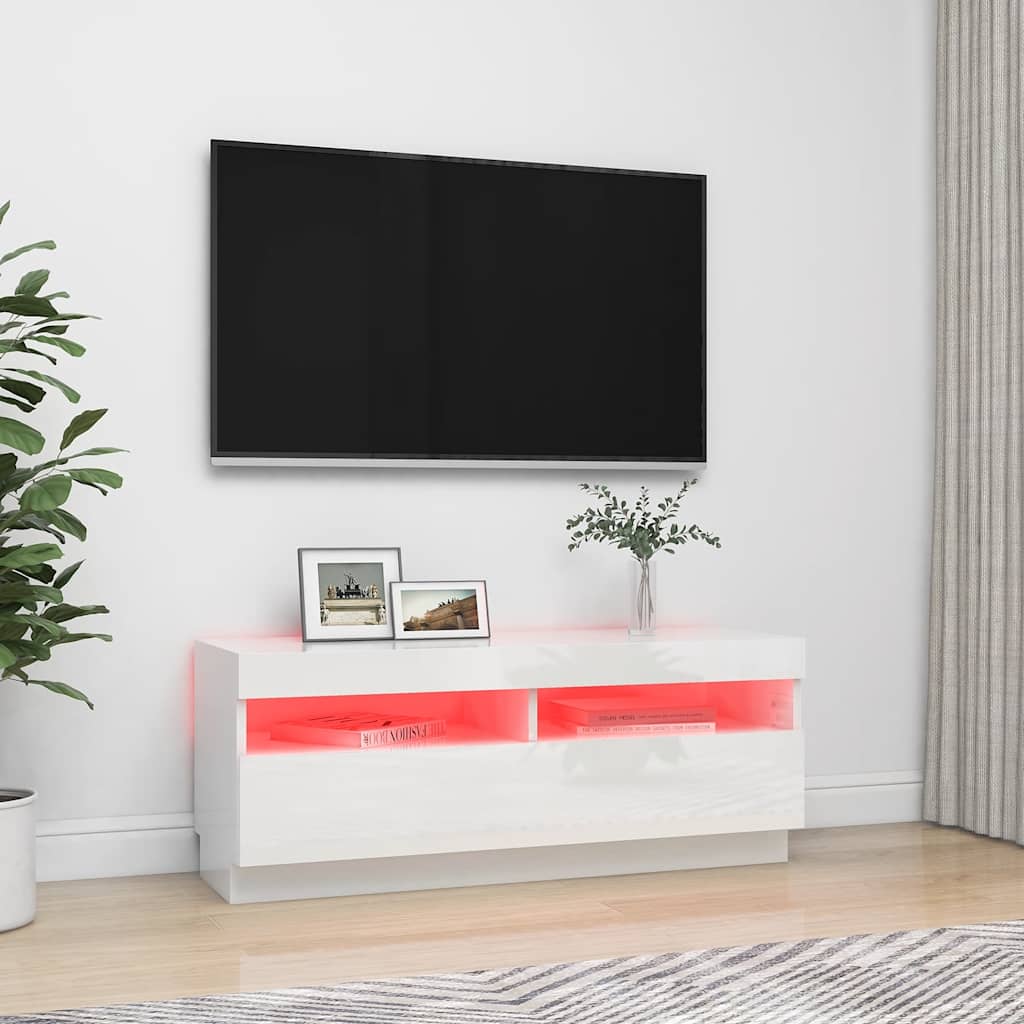tv-skab med LED-lys 100x35x40 cm hvid højglans
