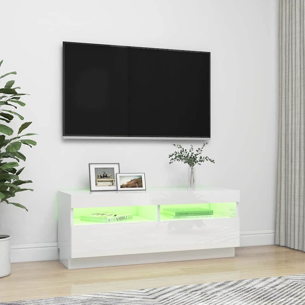 tv-skab med LED-lys 100x35x40 cm hvid højglans