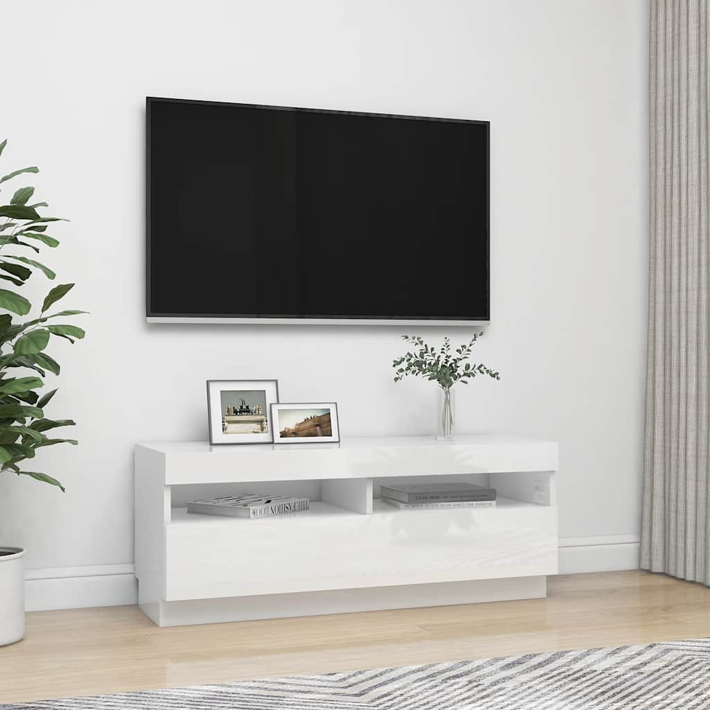 tv-skab med LED-lys 100x35x40 cm hvid højglans