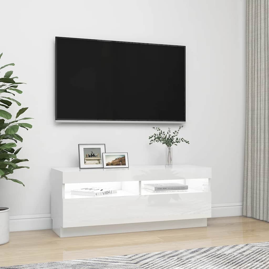 tv-skab med LED-lys 100x35x40 cm hvid højglans