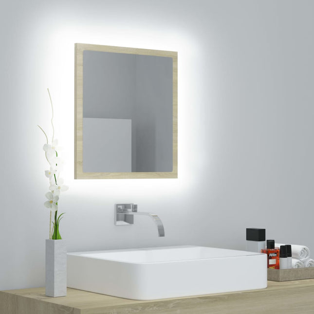 badeværelsesspejl med LED-lys 40x8,5x37 cm akryl sonoma-eg