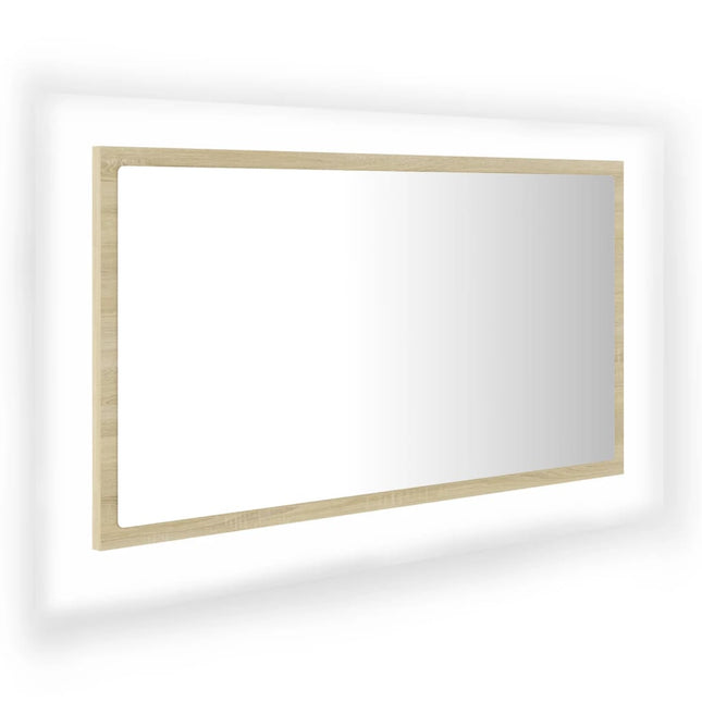 badeværelsesspejl med LED-lys 80x8,5x37 cm akryl sonoma-eg