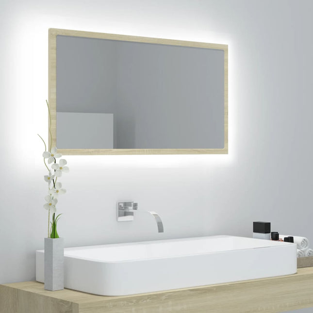 badeværelsesspejl med LED-lys 80x8,5x37 cm akryl sonoma-eg