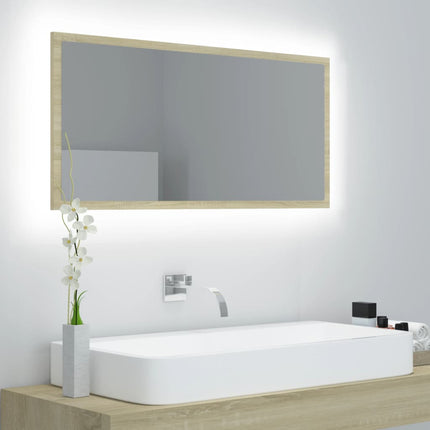 badeværelsesspejl med LED-lys 90x8,5x37 cm akryl sonoma-eg