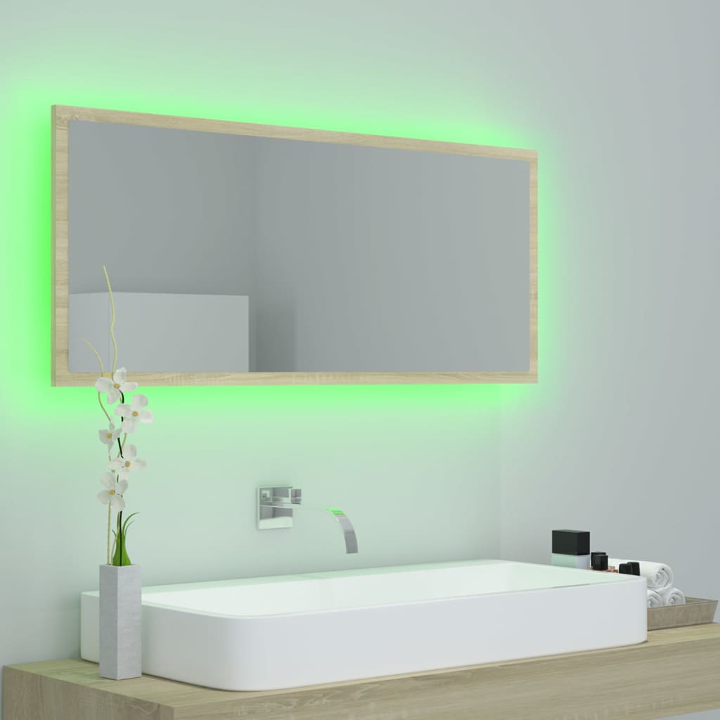 badeværelsesspejl med LED-lys 100x8,5x37 cm akryl sonoma-eg