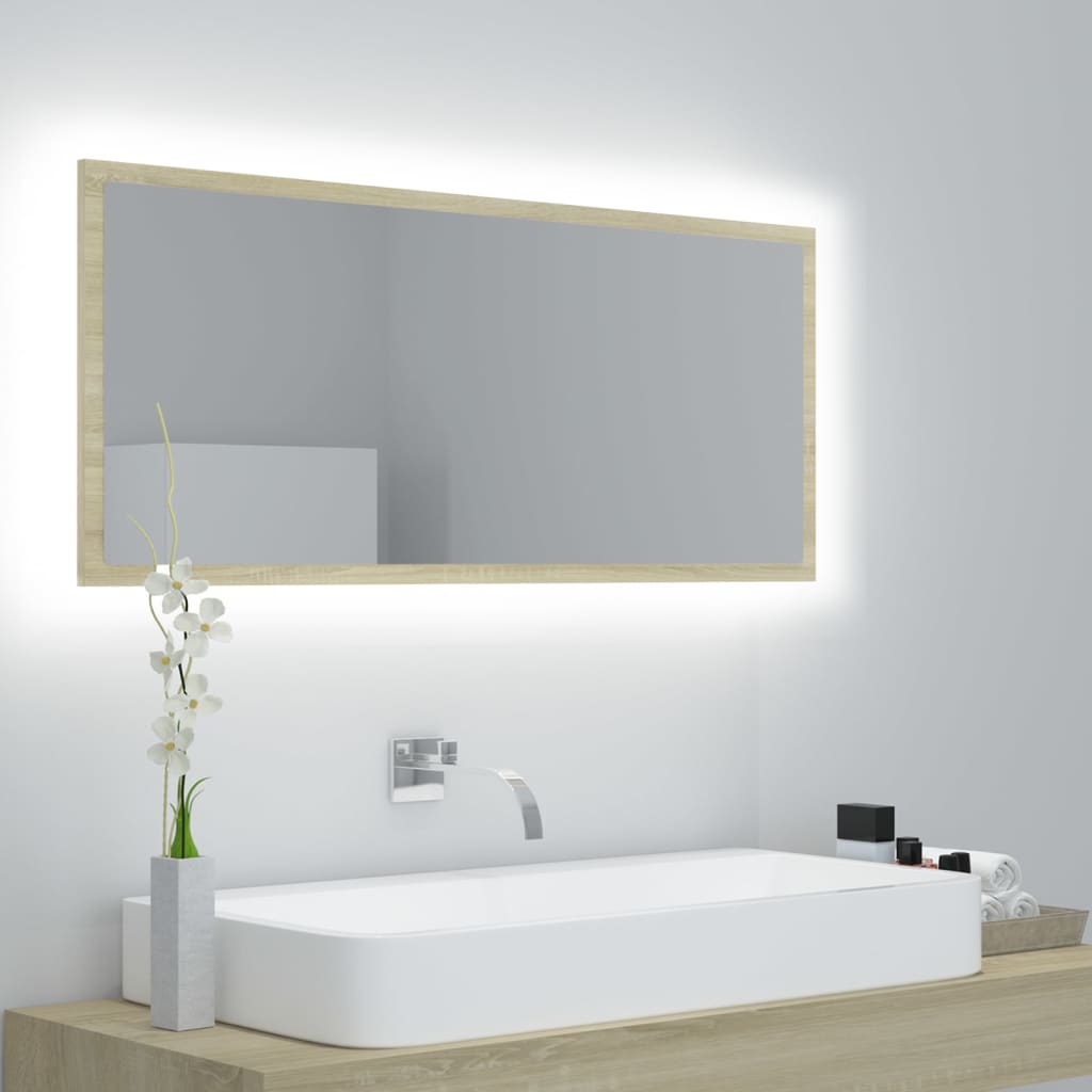 badeværelsesspejl med LED-lys 100x8,5x37 cm akryl sonoma-eg