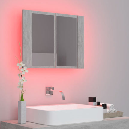 badeværelsesskab m. spejl og LED-lys 60x12x45 cm akryl betongrå