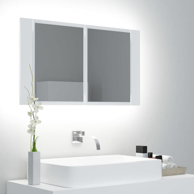 badeværelsesskab m. spejl og LED-lys 80x12x45 cm akryl hvid