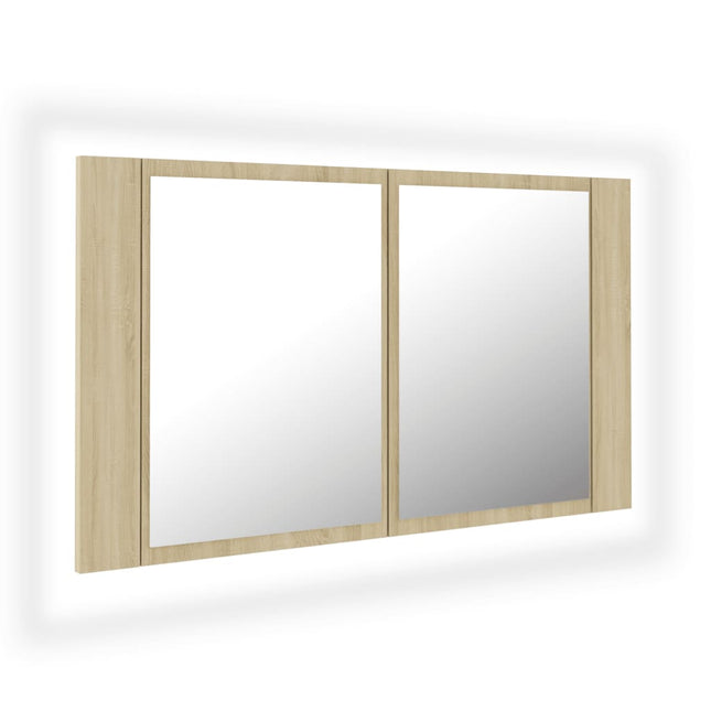 badeværelsesskab m. spejl og LED-lys 80x12x45cm akryl sonoma-eg