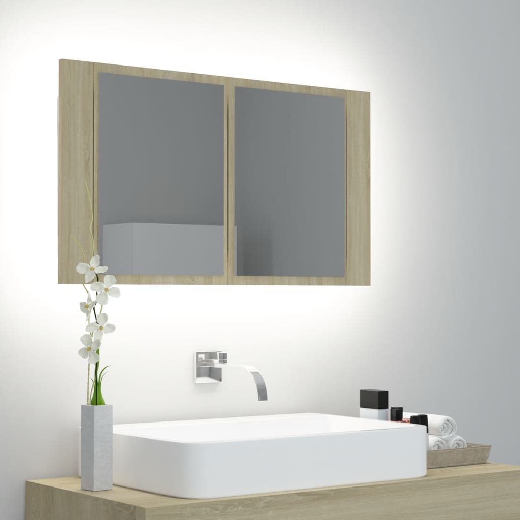 vidaXL badeværelsesskab m. spejl og LED-lys 80x12x45cm akryl sonoma-eg