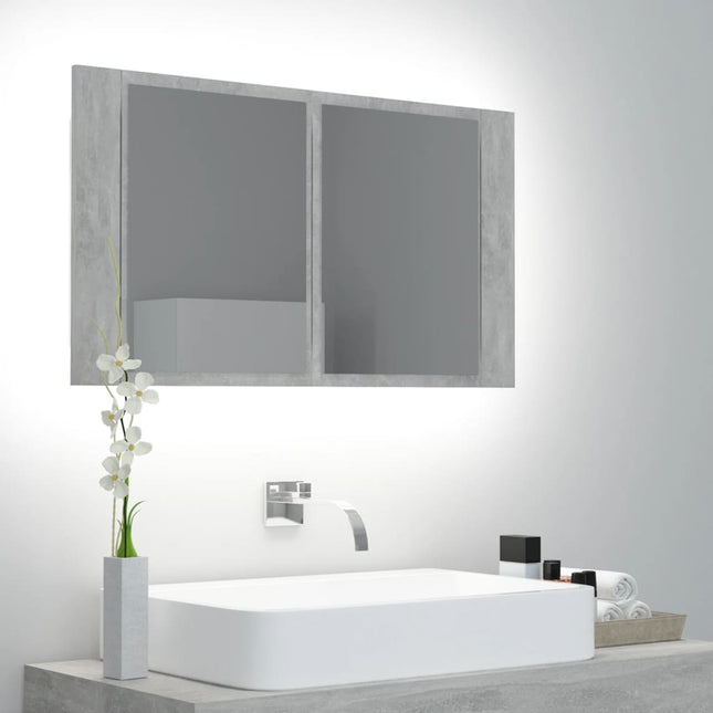 badeværelsesskab m. spejl og LED-lys 80x12x45 cm akryl betongrå