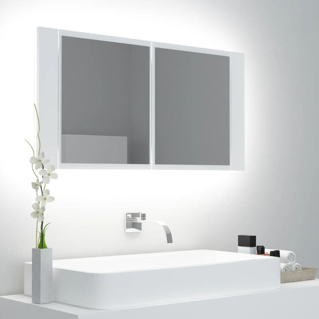 badeværelsesskab m. spejl og LED-lys 90x12x45 cm akryl hvid