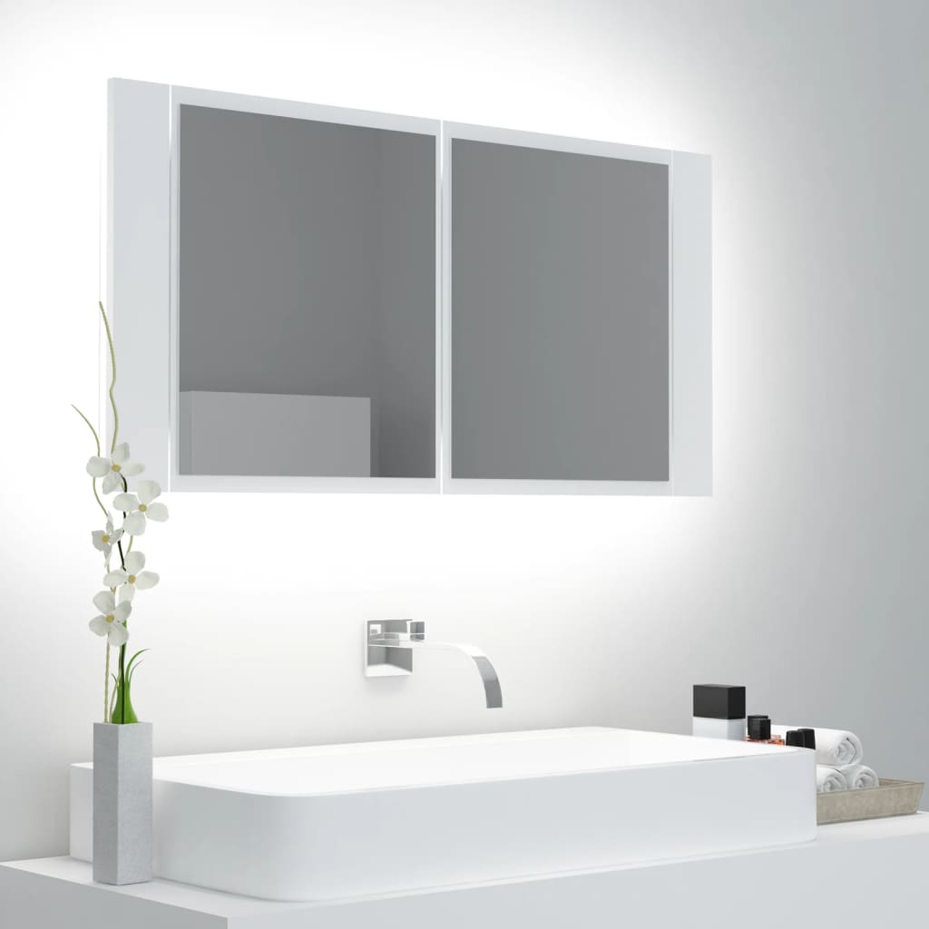 badeværelsesskab m. spejl og LED-lys 90x12x45 cm akryl hvid billede