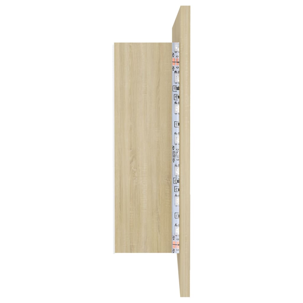 badeværelsesskab m. spejl og LED-lys 90x12x45cm akryl sonoma-eg