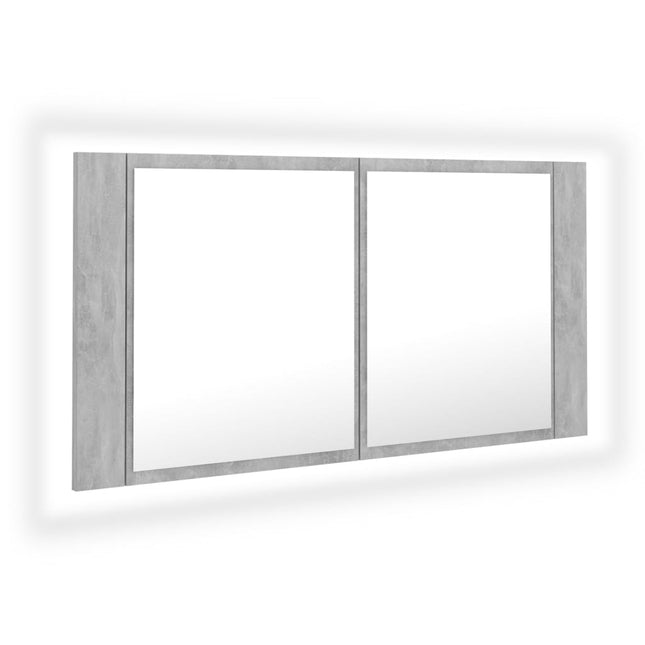 badeværelsesskab m. spejl og LED-lys 90x12x45 cm akryl betongrå