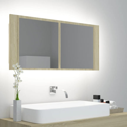 badeværelsesskab m. spejl og LED-lys 100x12x45 akryl sonoma-eg