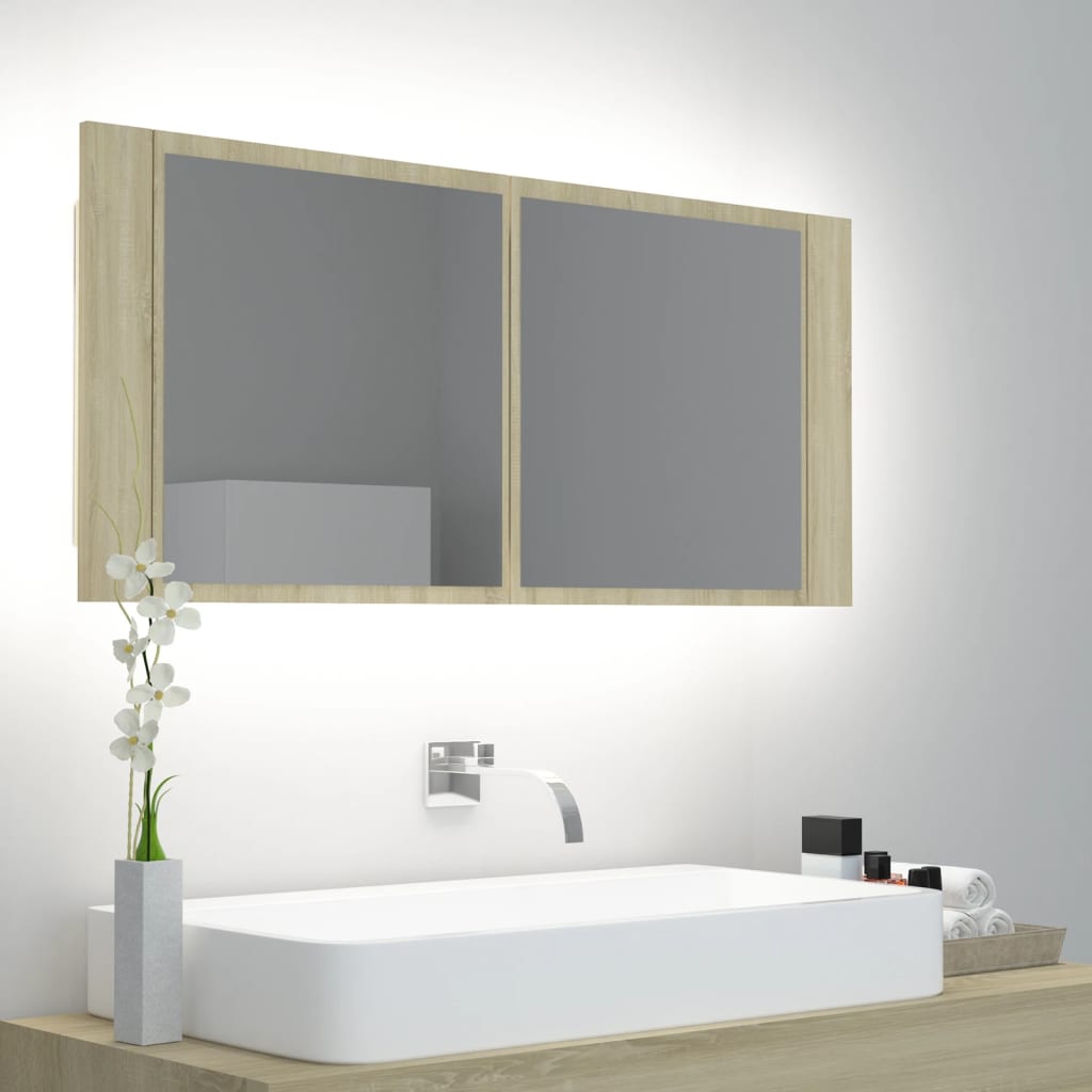 badeværelsesskab m. spejl og LED-lys 100x12x45 akryl sonoma-eg billede