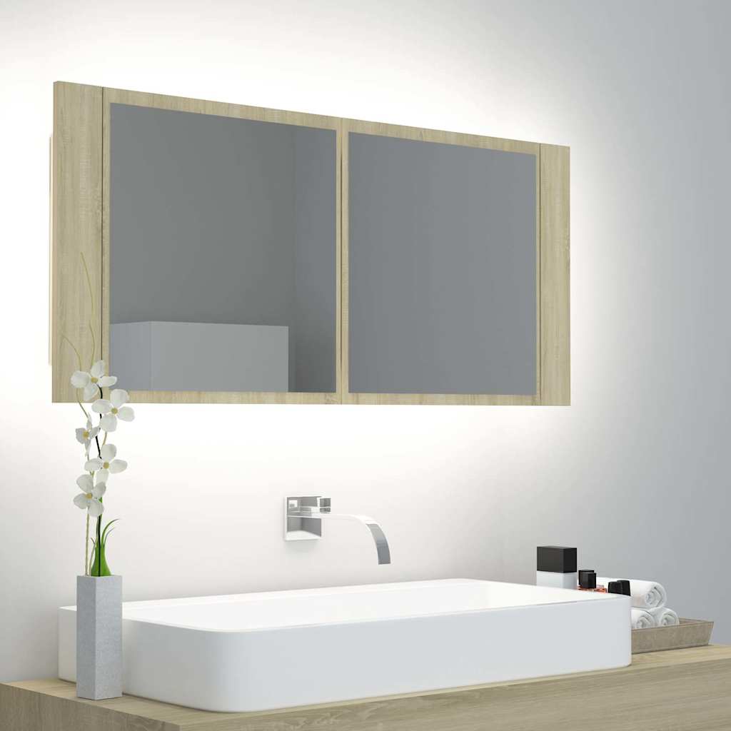 badevrelsesskab m. spejl og LED-lys 100x12x45 akryl sonoma-eg