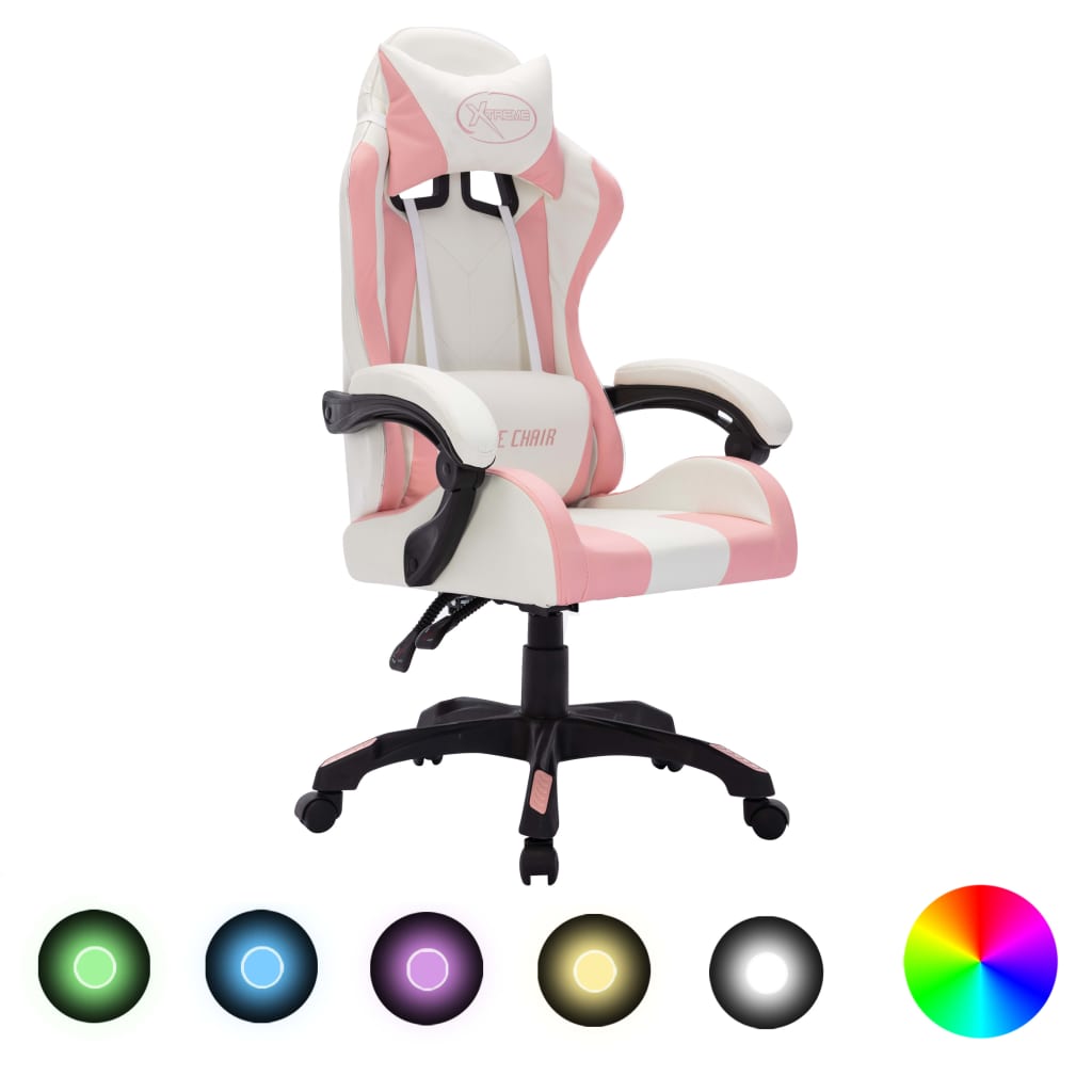 gamingstol med LED-lys RGB-farver kunstlæder pink og sort