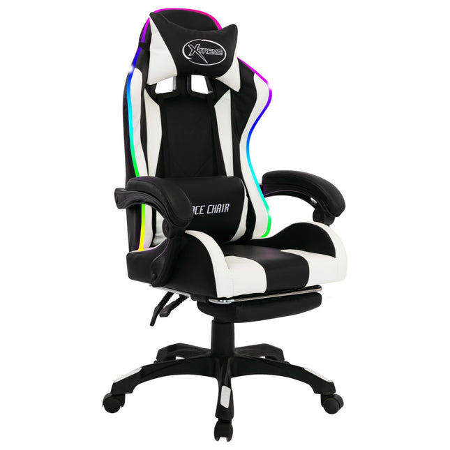 gamingstol m. LED-lys RGB-farver kunstlæder hvid og sort