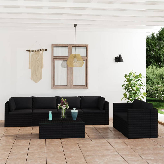 loungesæt til haven 7 dele med hynder polyrattan sort