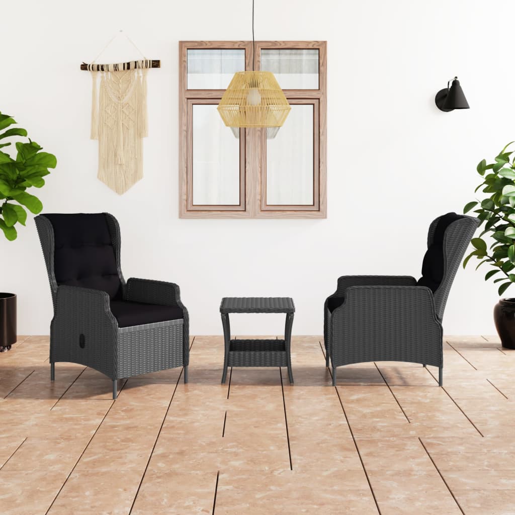 loungesæt til haven 3 dele med hynder polyrattan sort