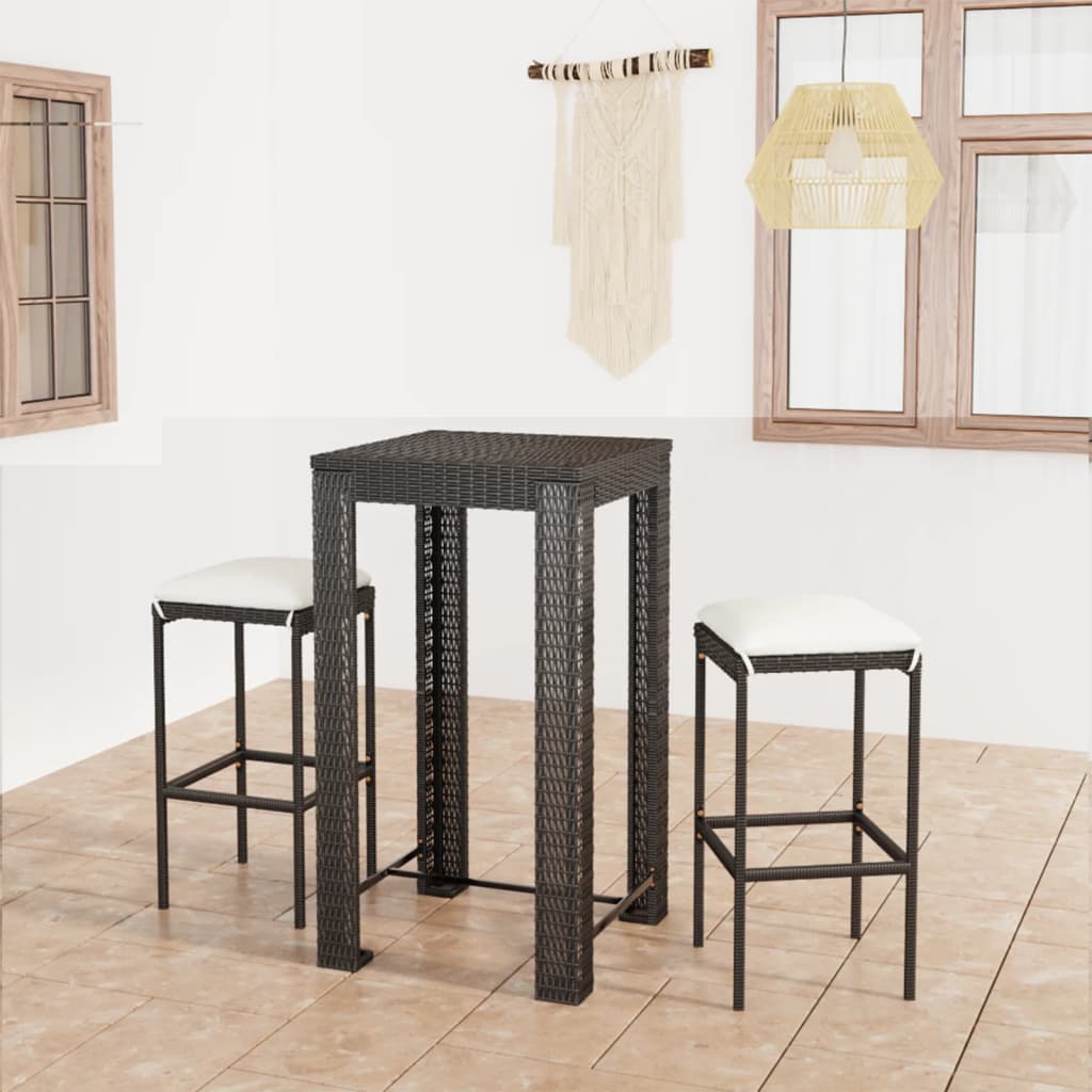 Barsæt Til Haven 3 Dele Med Hynder Polyrattan Sort - 2 / 60.5 cm bordlængde