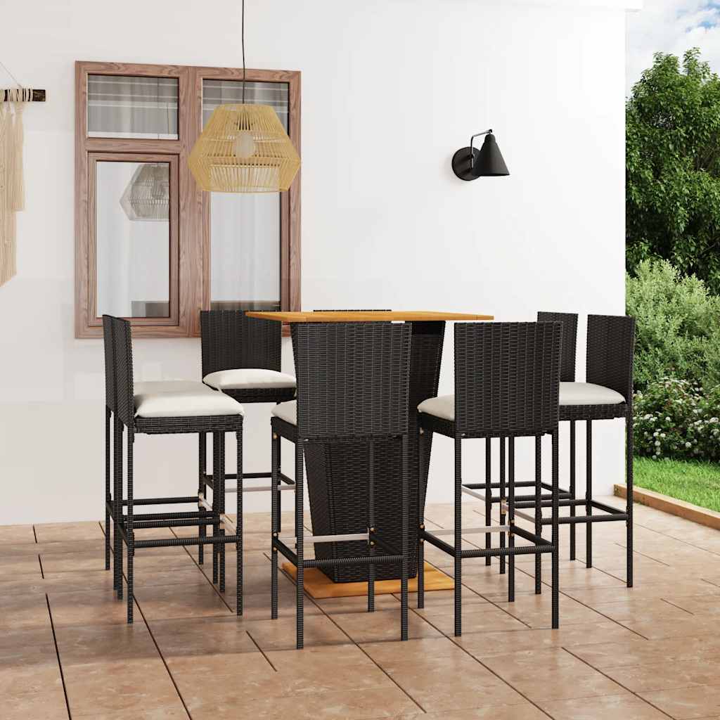 Barsæt til haven - 9 dele i sort polyrattan med hynder
