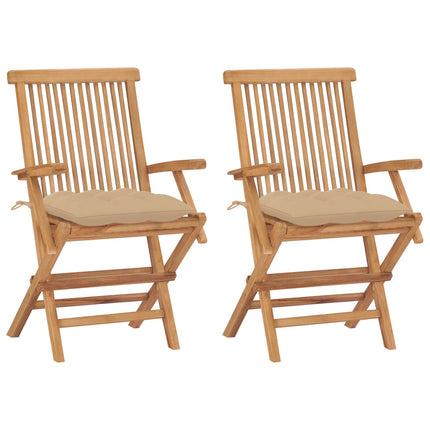 havestole med beige hynder 2 stk. massivt teaktræ